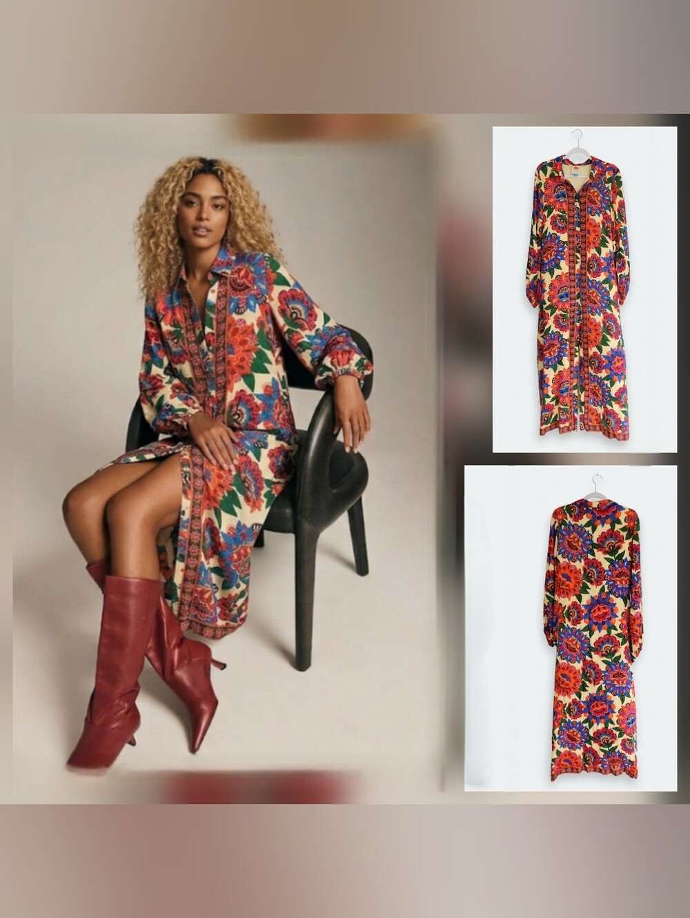 Farm Rio Long-Sleeve Button-Front Midi Dress